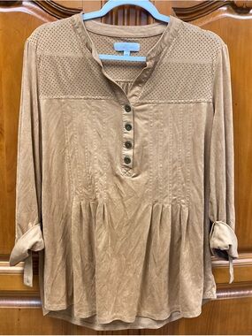 New Directions Taupe Peplum Blouse Roll Tab Sleeve Soft Stretch Size L